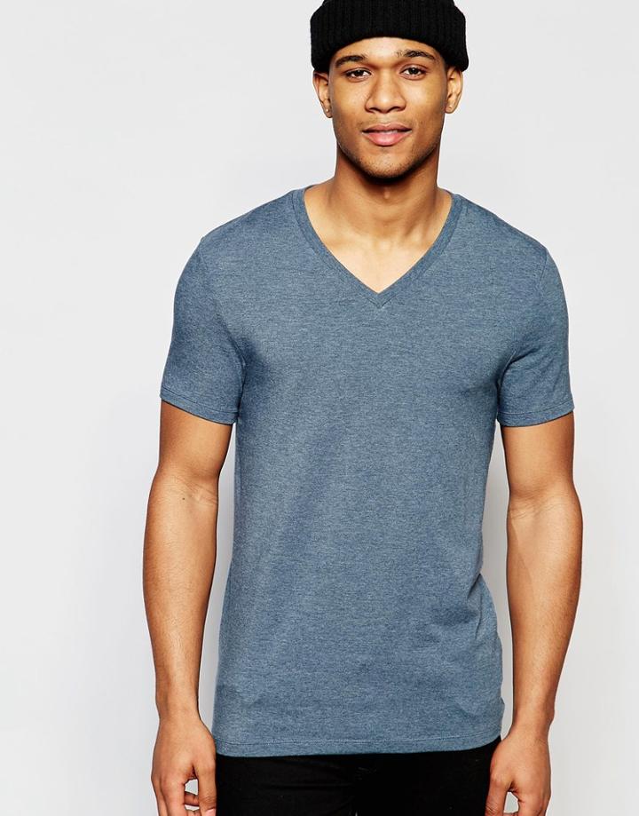 Asos Muscle T-shirt With V Neck In Dark Blue Marl - Dark Slate Marl