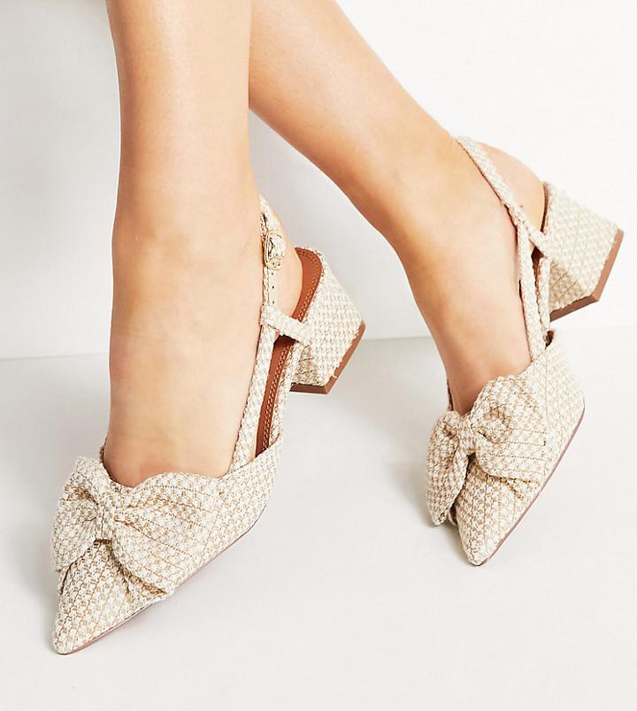 Asos Design Wide Fit Spring Bow Mid Heeled Shoes In Natural-neutral