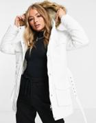 Brave Soul Pam Pocketed Coat With Faux Fur Trim Hood-white