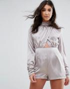 Missguided Gray High Neck Wrap Satin Romper - Gray