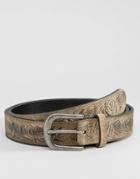 Asos Slim Suede Belt In Stone With Floral Emboss - Stone