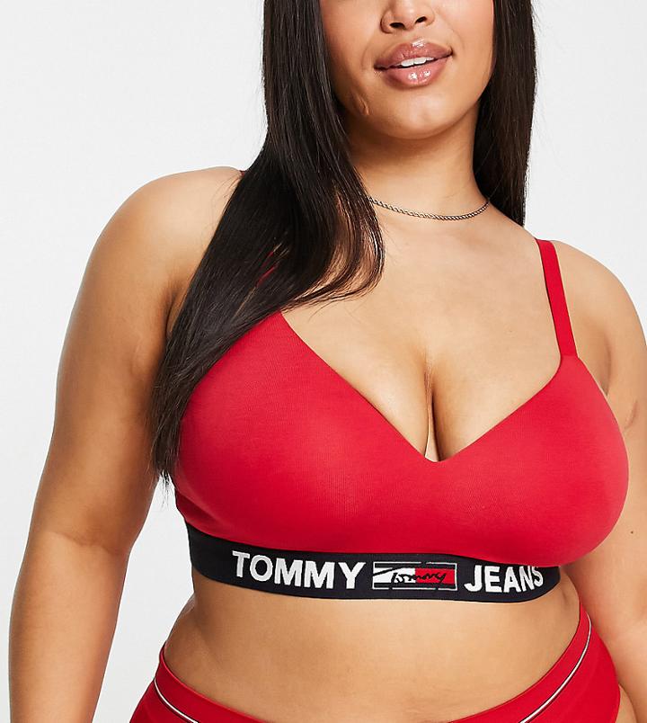 Tommy Jeans Plus Size Logo Unlined Bralette In Red
