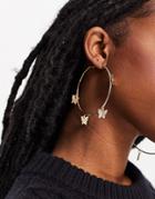 Asos Design Hoop Earrings With Crystal Butterfly Charms In Gold Tone