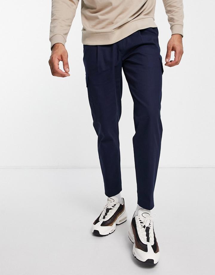 Topman Tapered Cargo Pants With Pleats In Navy