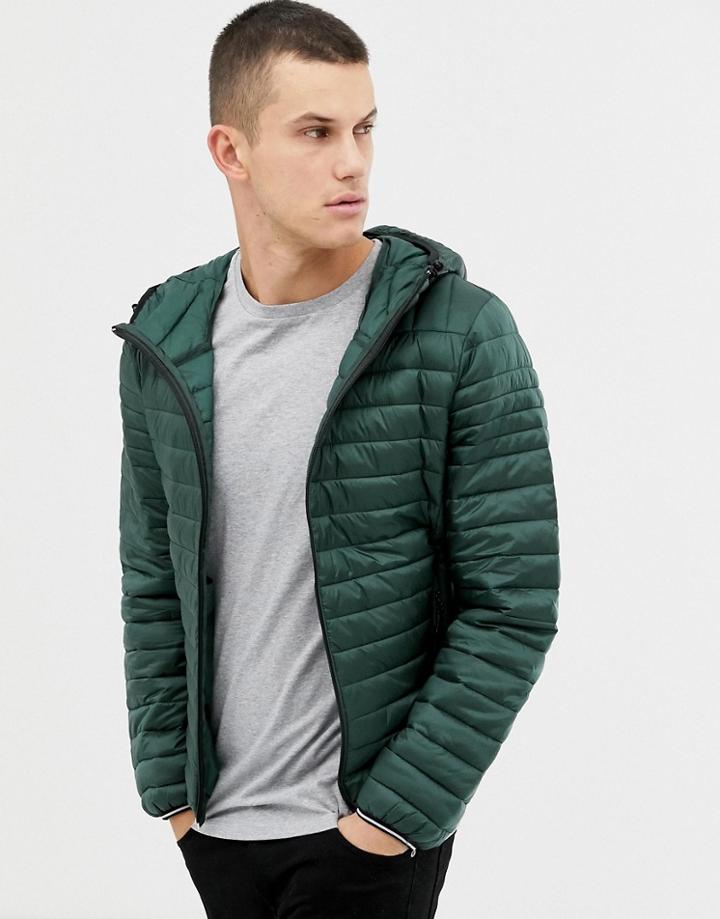 Celio Lightweight Hooded Quilted Jacket In Green - Green