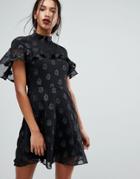 Warehouse Ruffle Detail Glitter A-line Dress - Black