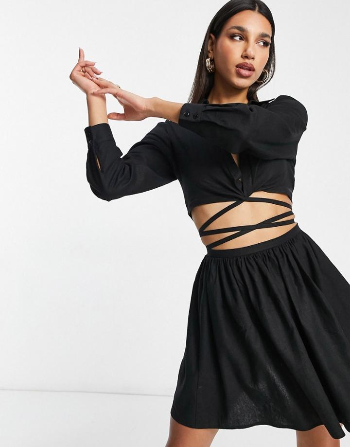 Asos Design Linen Skater Mini Shirt Dress With Open Tie Waist In Black