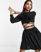 Asos Design Linen Skater Mini Shirt Dress With Open Tie Waist In Black