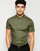 Asos Skinny Shirt In Dusty Olive With Button Down Collar And Short Sleeves - Dusty Olive