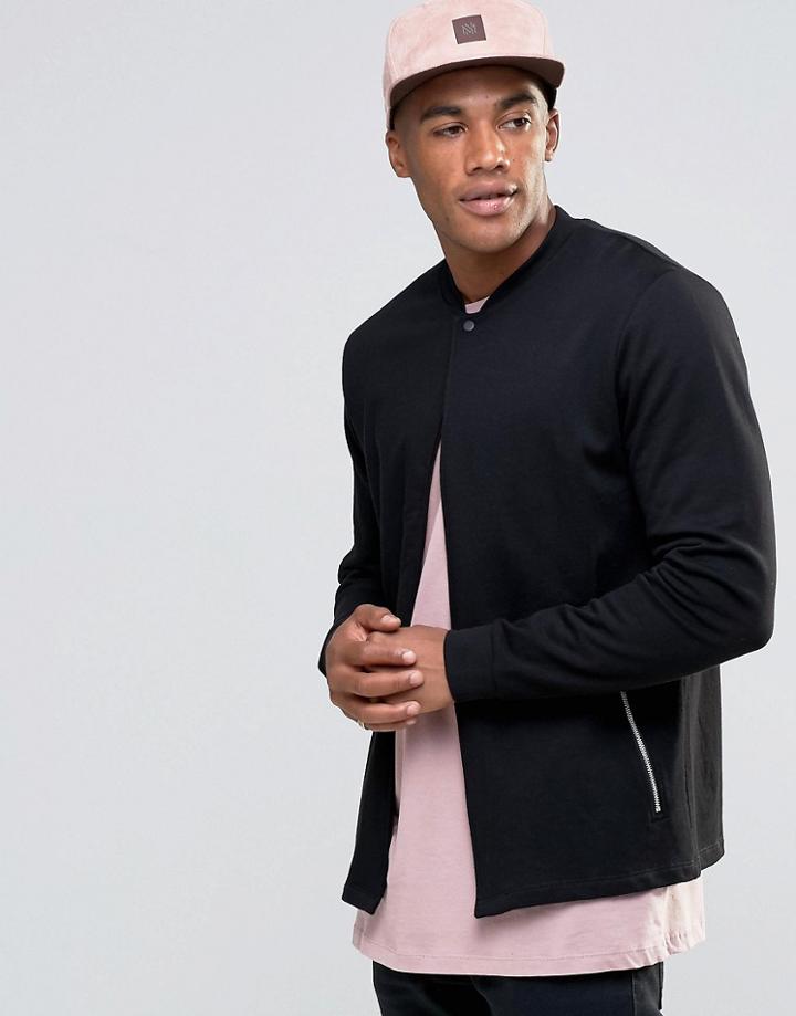 Asos Jersey Bomber Jacket With Snap & Zip Pockets - Black