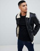 Blend Aviator Jacket In Black Faux Leather With Fleece Collar - Black