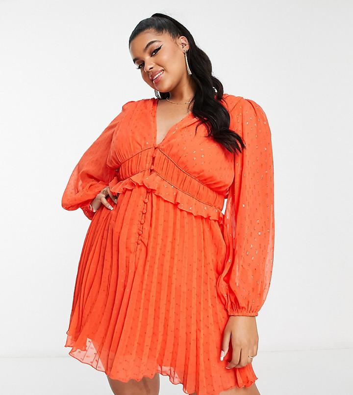 Asos Design Curve Button Through Ruched Waist Pleated Mini Dress In Textured Metallic-orange