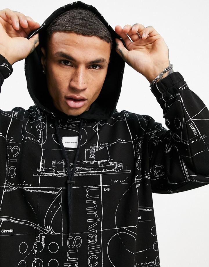 Asos Unrvlld Spply Set Oversized Hoodie With All Over Graphic Print In Black-purple
