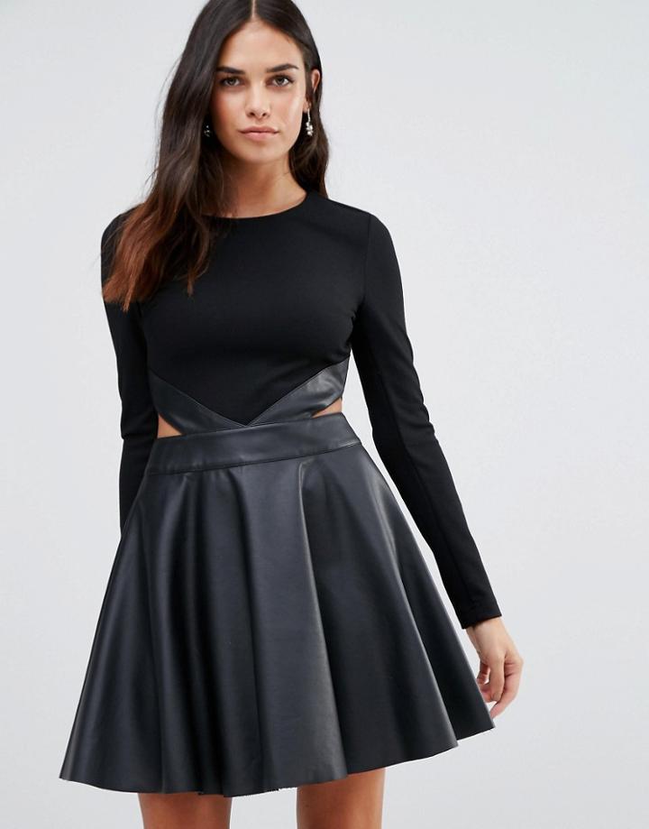 Forever Unique Adela Skater Dress With Cut Outs And Leather Look Skirt - Black