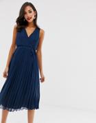 Asos Design Wrap Bodice Midi Dress With Tie Waist And Pleat Skirt-navy