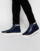Asos Mid-top Sneakers In Navy Leather - Navy