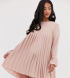 Asos Design Petite Pleated Trapeze Mini Dress With Long Sleeves-pink