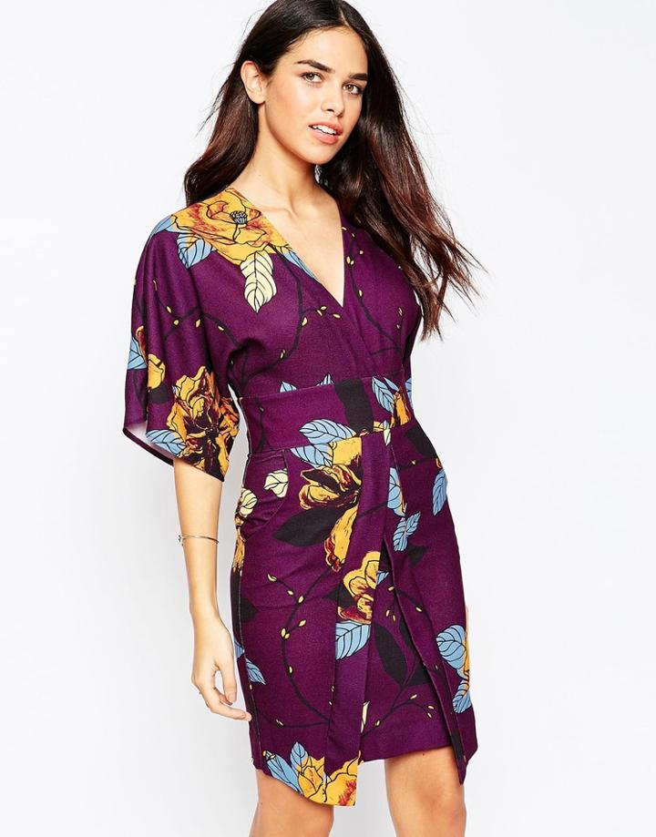 Asos Dress With Kimono Sleeves In Floral Print - Multi