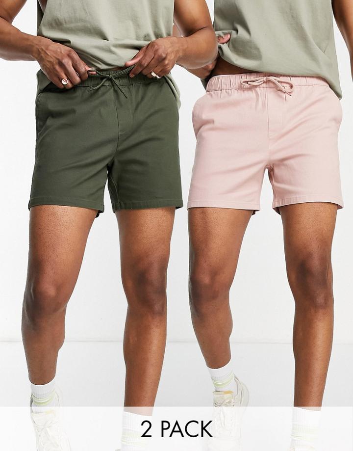 Asos Design 2 Pack Slim Chino Shorts With Elastic Waist In Pink And Dark Green Save-multi