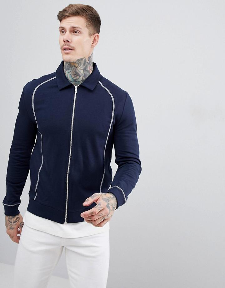 Asos Design Harrington Jacket With Contrast Stitching In Navy - Navy