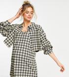 Asos Design Maternity Long Sleeve Mini Shirt Dress With Overlayer In Check Print-black