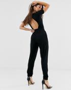 Asos Design Wrap Front Jersey Jumpsuit With Short Sleeve - Black