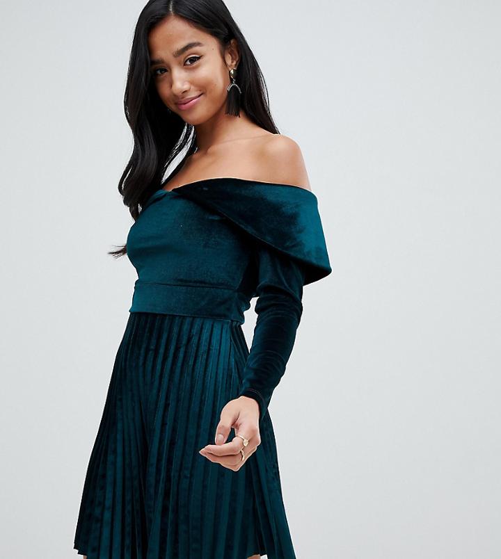 Asos Design Petite Pleated Velvet Bardot Mini Dress - Green