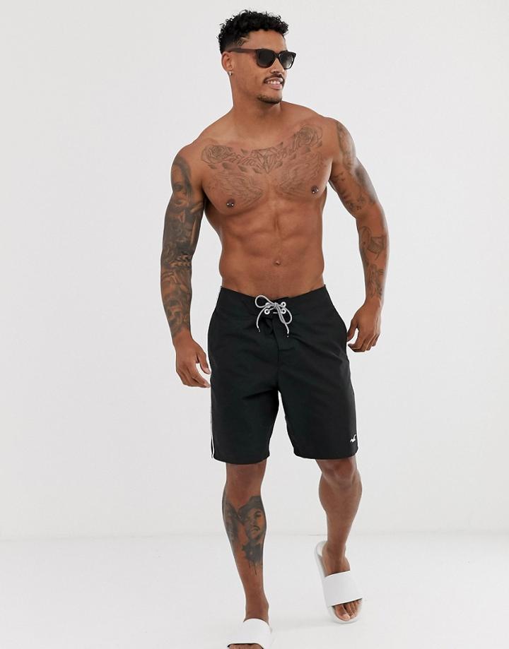 Hollister Icon Logo Side Piping Rigid Board Shorts In Black