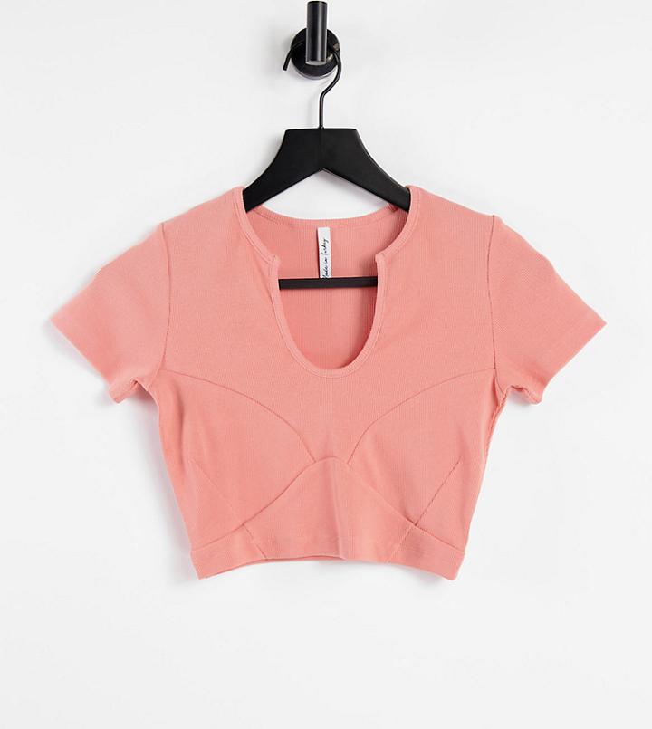 Asyou Seam Detail Rib Notch Neck Tee Set In Peach-orange