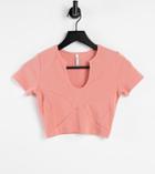 Asyou Seam Detail Rib Notch Neck Tee Set In Peach-orange