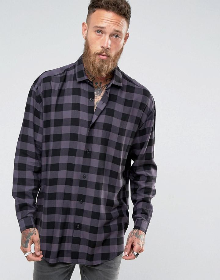 Asos Regular Fit Viscose Buffalo Plaid Shirt In Gray - Gray