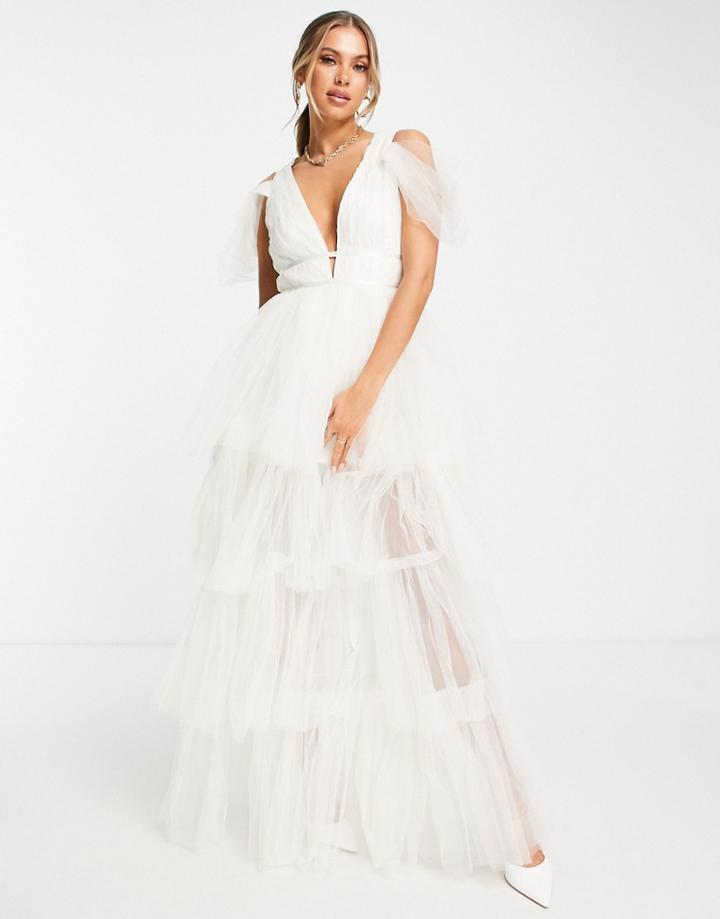 Lace & Beads Bridal Plunge Tulle Maxi Dress In Ivory-white