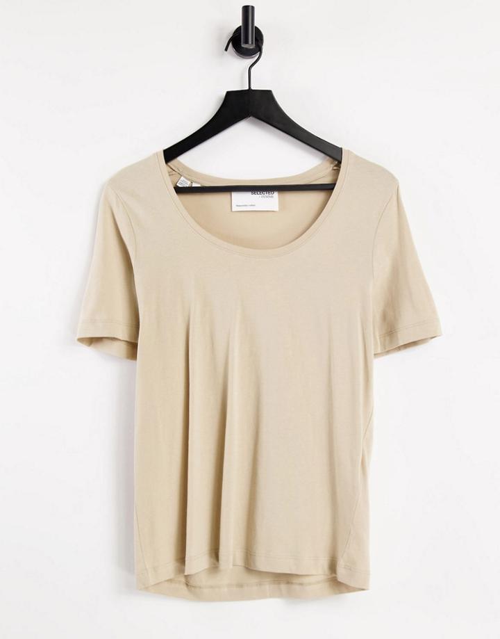 Selected Femme Organic Cotton Round Neck T-shirt In Beige-neutral