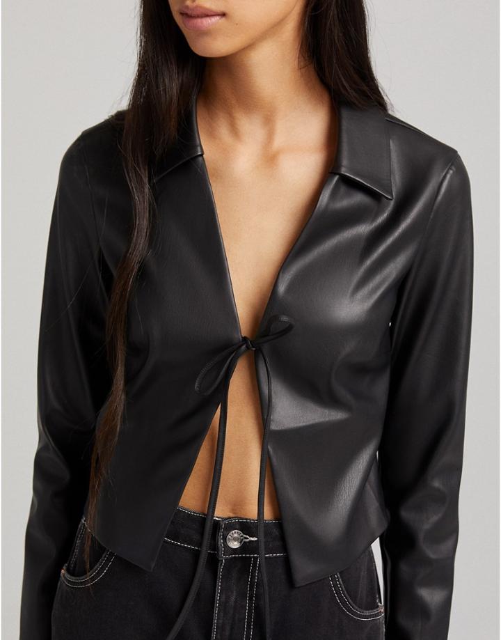 Bershka Tie Detail Faux Leather Shirt In Black
