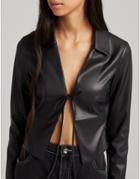 Bershka Tie Detail Faux Leather Shirt In Black