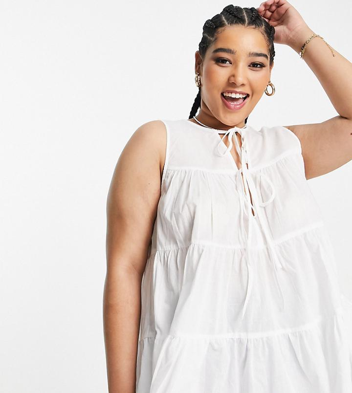 Asos Design Curve Cotton Tiered Smock Top With Tie Front-white