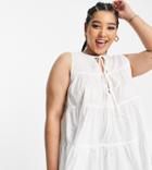 Asos Design Curve Cotton Tiered Smock Top With Tie Front-white