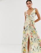 Asos Desgn Floral Ruffle Wrap Maxi Dress With Tie Detail-multi