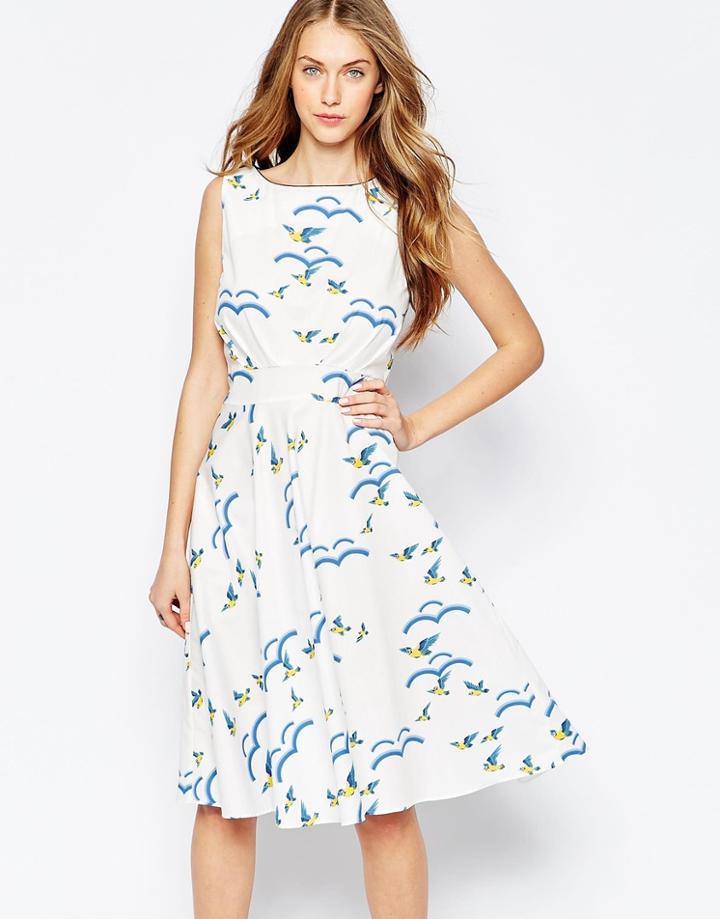 Trollied Dolly Royally Retro Midi Dress In Flock Of Birds Print - Ivory Flock Of Birds