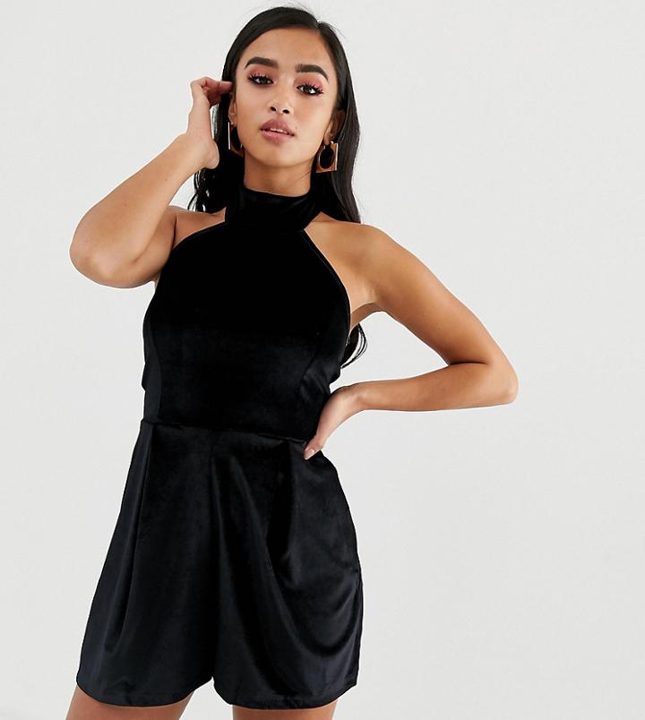 Asos Design Petite Halter Romper In Velvet-black