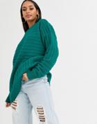 Missguided Rib Longline Sweater In Teal-green