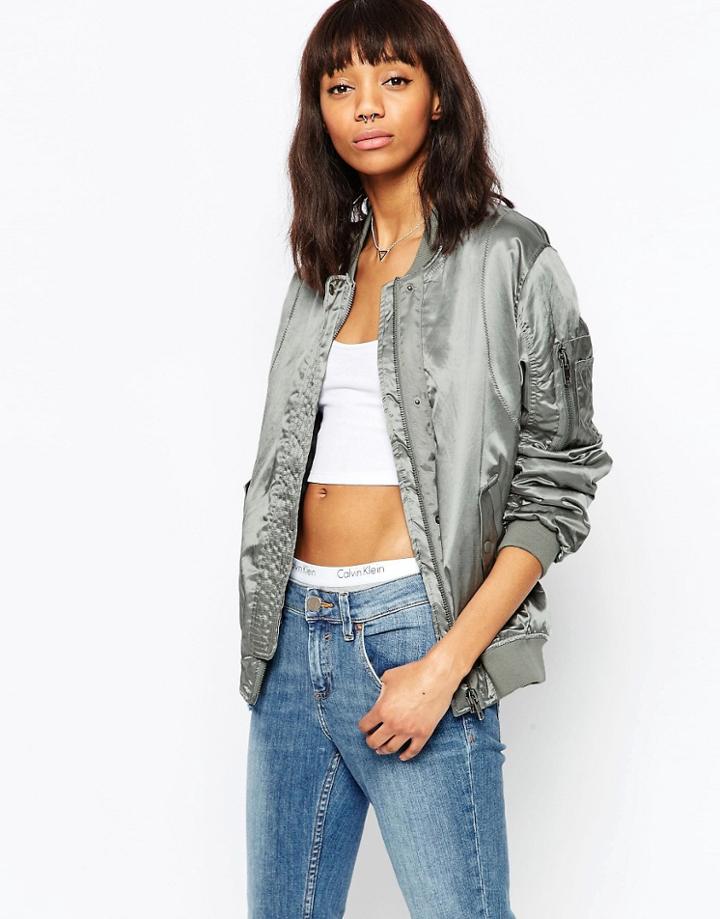Asos Luxe Bomber Jacket In Satin - Silver Gray