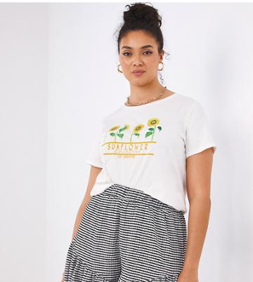 Simply Be Sunflower Graphic Tee In White