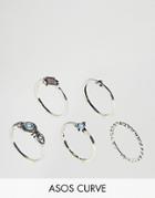 Asos Curve Pack Of 5 Engraved Mini Stone Rings - Silver