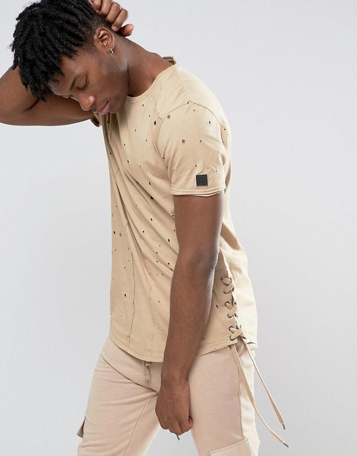 Black Kaviar Distressed T-shirt With Lace Up Sides - Beige