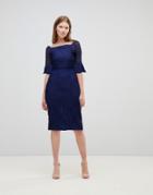Little Mistress All Over Lace Bardot Midi Dress With Fluted Sleeve Detail-navy