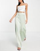 Flounce London Wide Leg Satin Pants In Dusty Sage - Part Of A Set-green