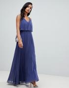 Asos Design Pleated Crop Top Maxi Dress-blue