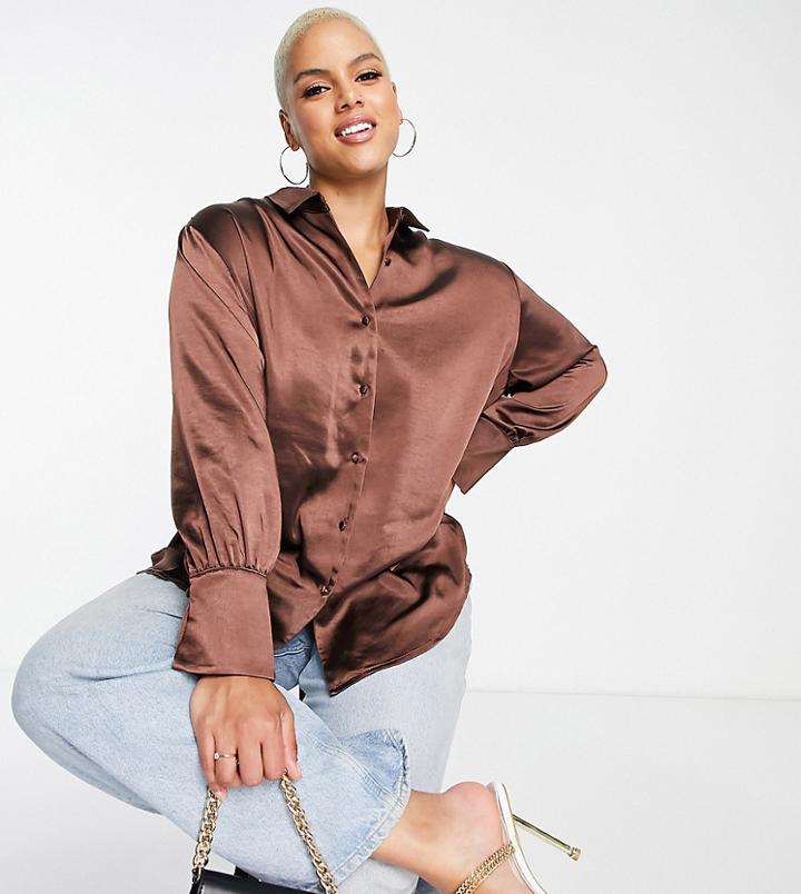 Pretty Lavish Curve Satin Shirt In Chocolate Brown - Part Of A Set