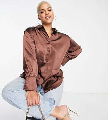 Pretty Lavish Curve Satin Shirt In Chocolate Brown - Part Of A Set